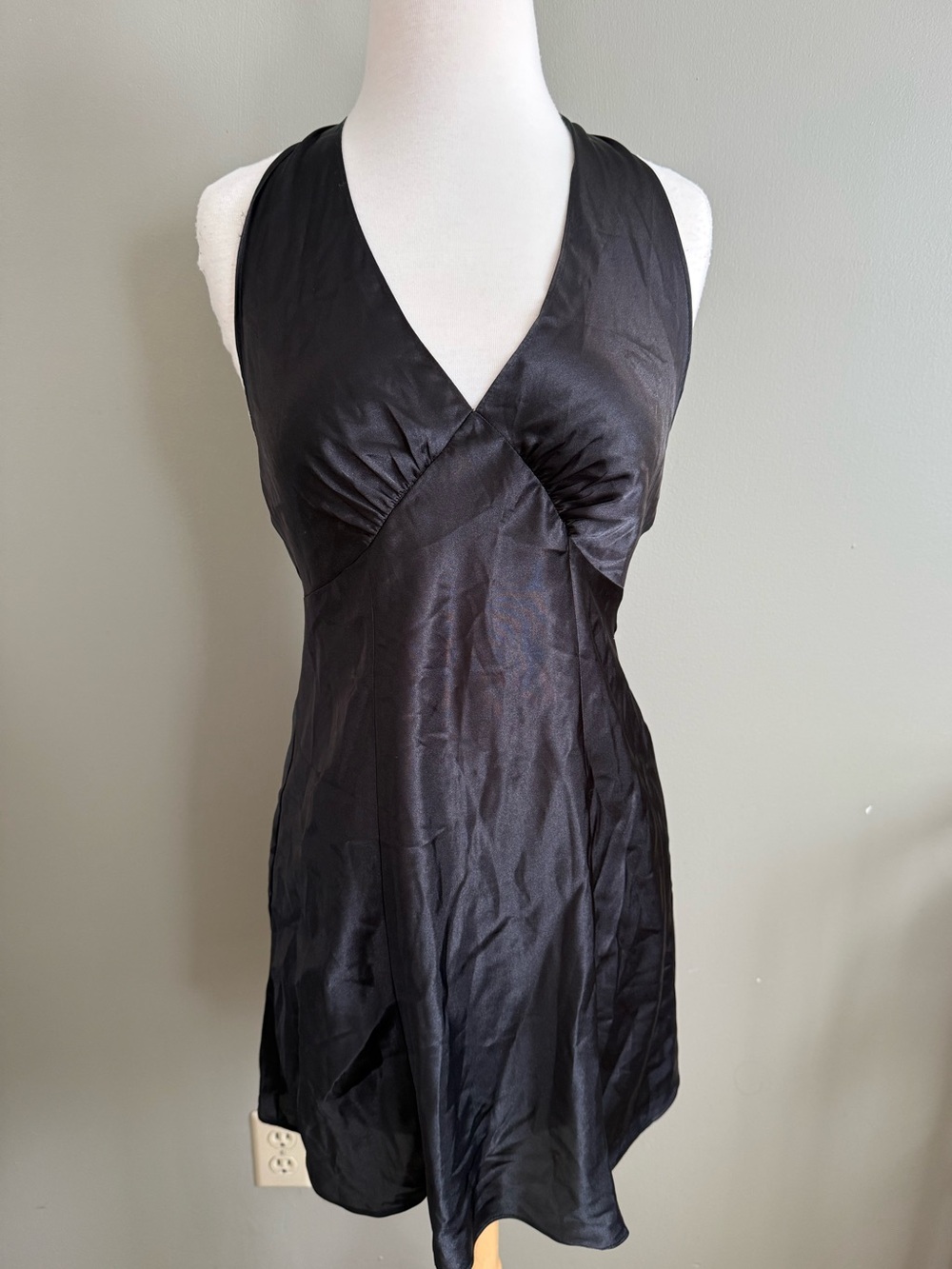 Frederick’s of Hollywood Black Satin Halter Mini Dress Open Back Lingerie